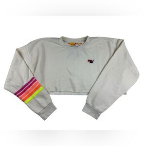 Aviator Nation Rugby Stitch Cropped Crew Sweatshirt Relaxed White Cream Medium